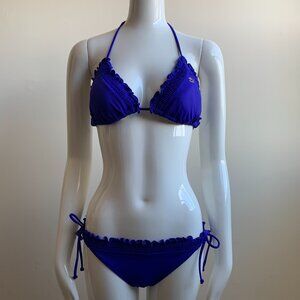 billabong solid deep blue ruffle top bikini